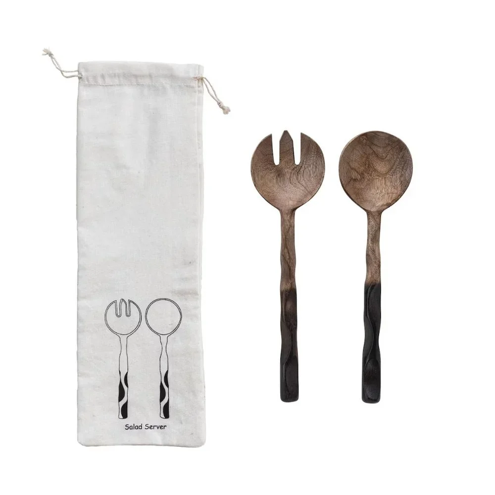 Natural & Espresso Mango Wood Salad Server Set with Drawstring Bag/NWT
